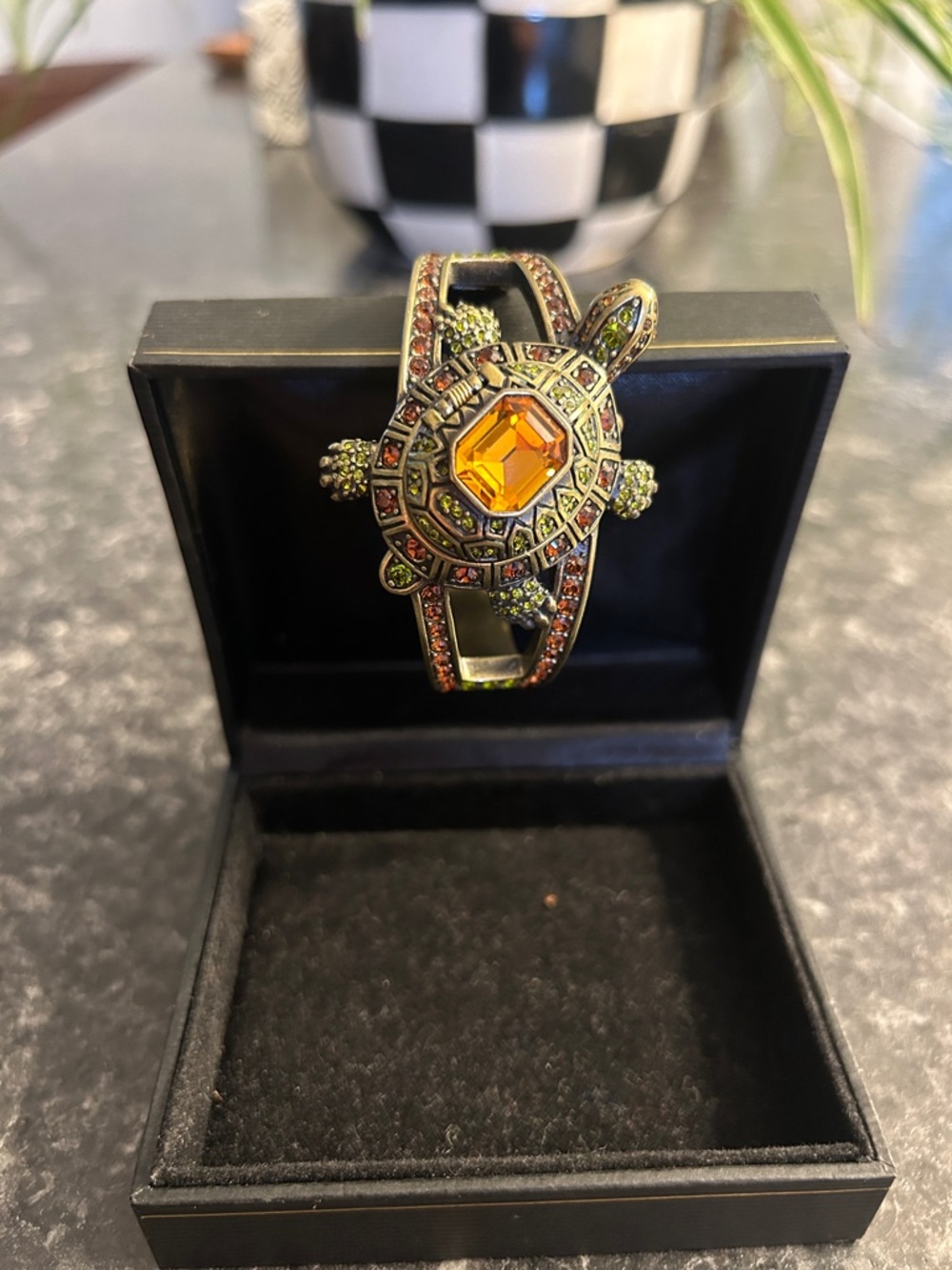 Heidi Daus Turtle Crystal Bronze 6.5" Hinged Bangle Hidden Watch Bracelet - Picture 2 of 3